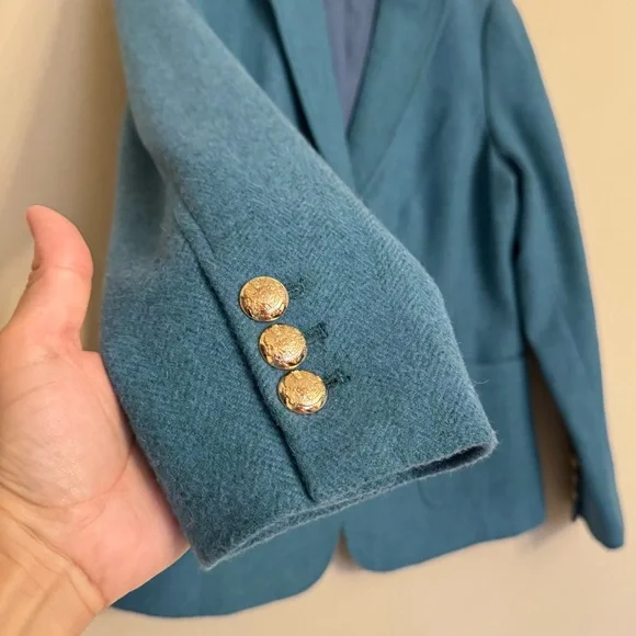 Talbots Jacket Blazer Teal Career Lined Gold Crest Buttons Wool Blend Size 10 - Picture 7 of 16
